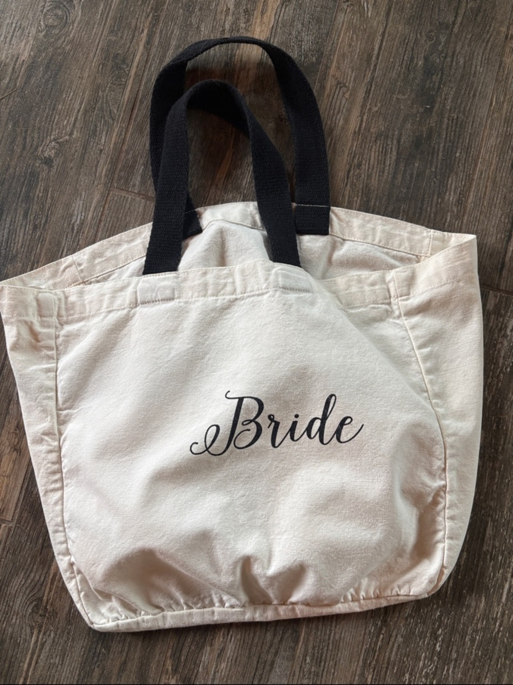Bride Canvas Tote Bag in Cream with Black Handles gently used